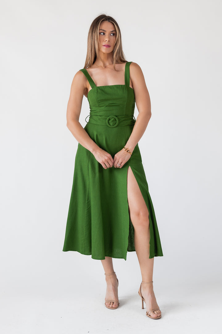 Green Linen Belted Midi Dress