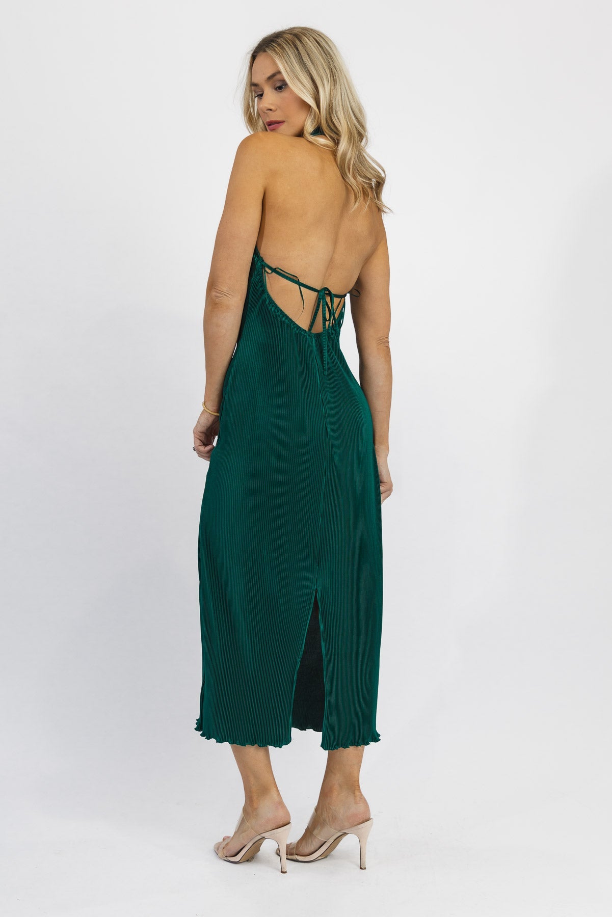 Elegant Green Halter Midi Dress | Holiday Evening Wear | JO+CO