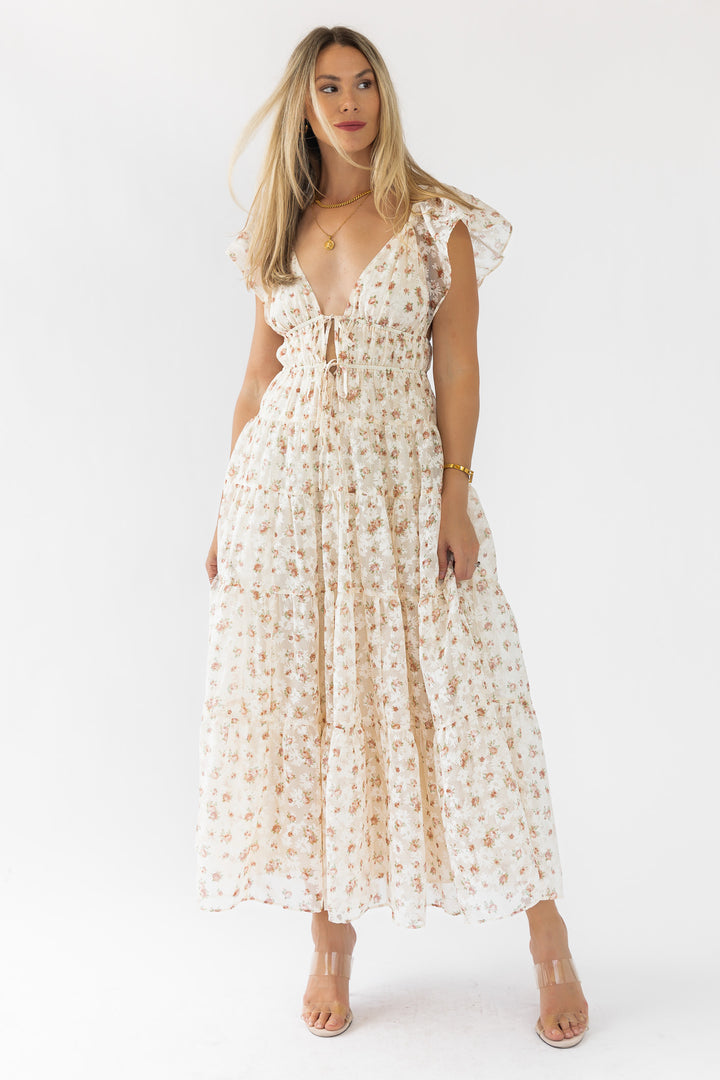 Jesslyn Cream Peach Floral Maxi Dress