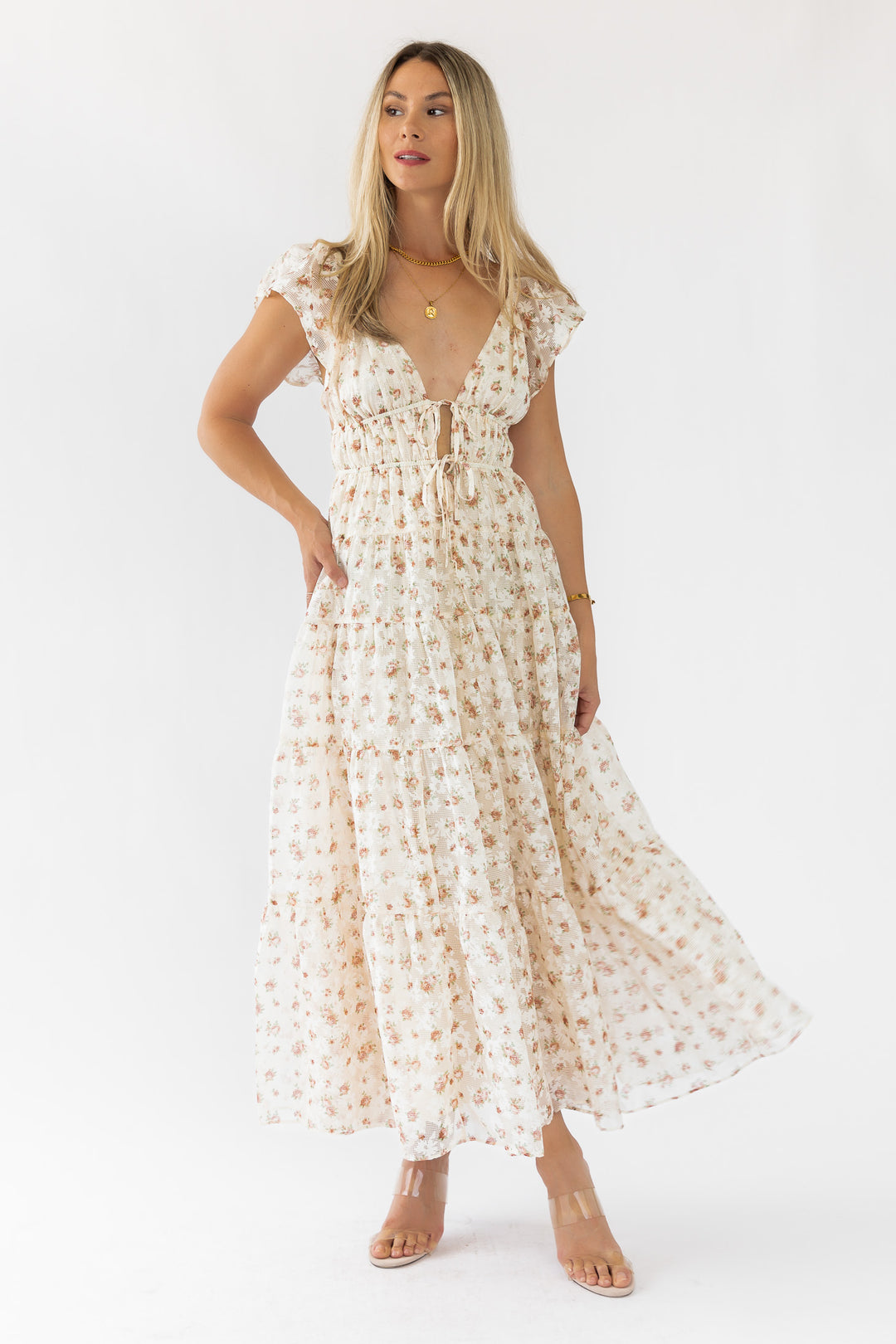 Jesslyn Cream Peach Floral Maxi Dress