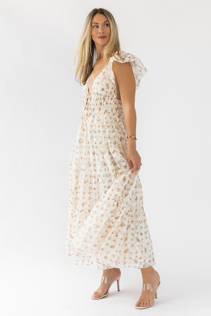 Jesslyn Cream Peach Floral Maxi Dress