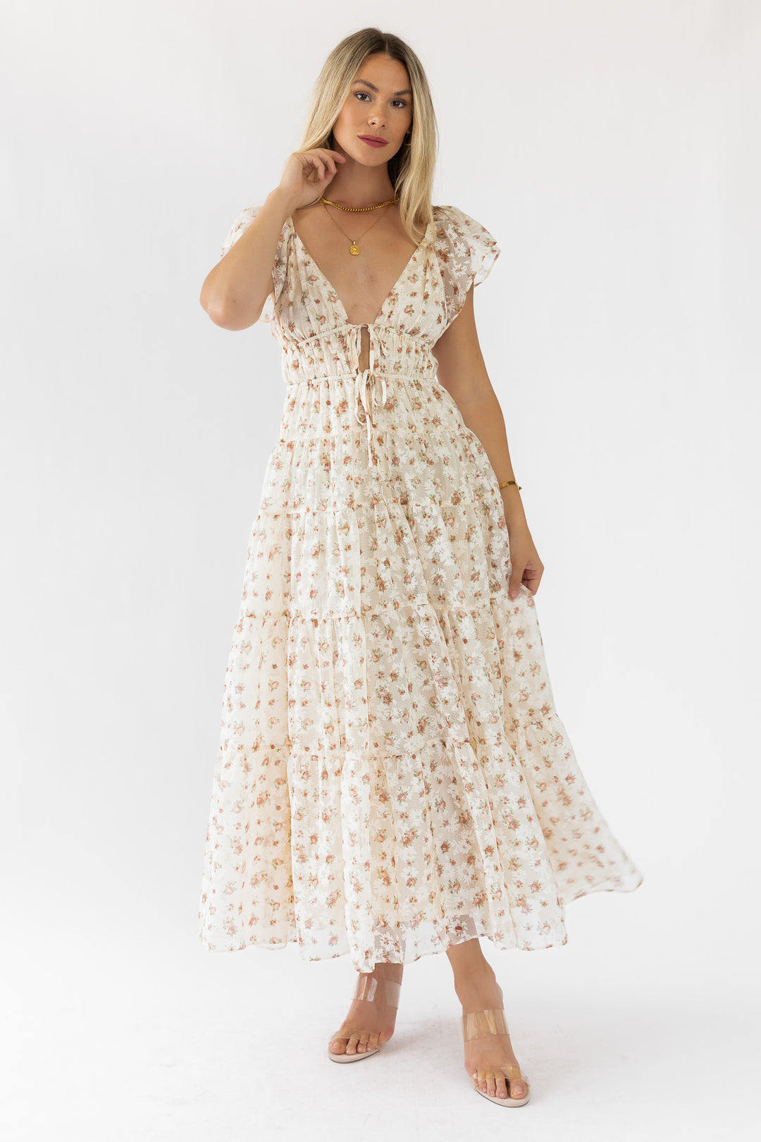 Jesslyn Cream Peach Floral Maxi Dress