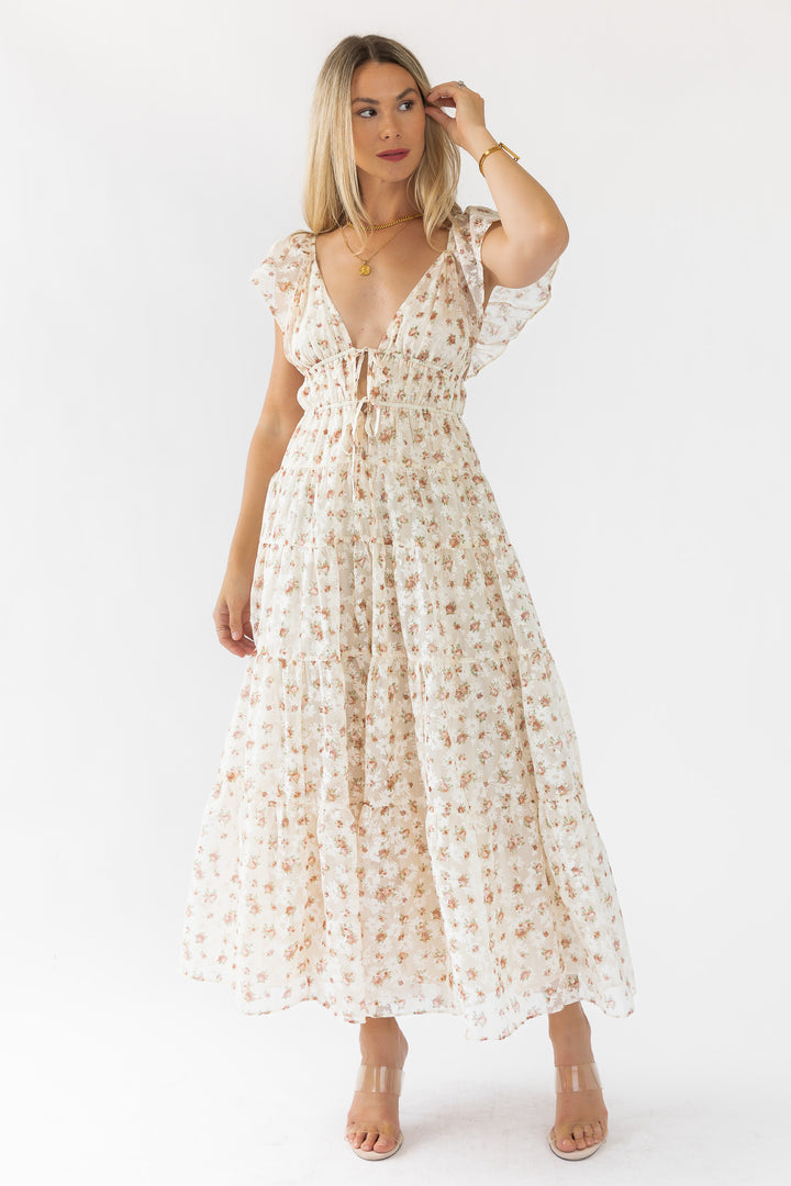 Jesslyn Cream Peach Floral Maxi Dress