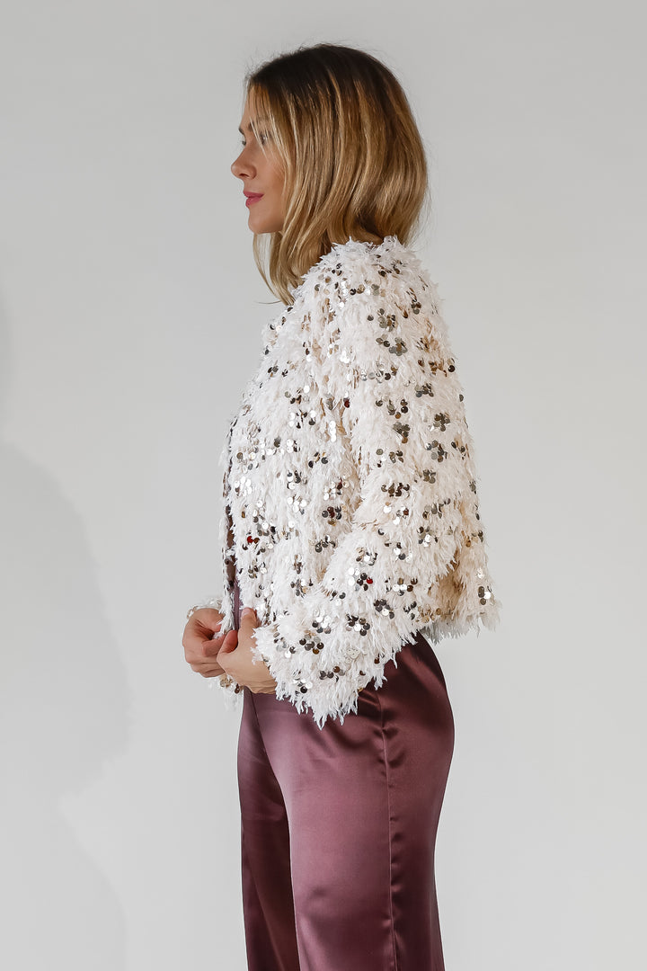 Juno Cream Feathered Sequin Jacket - Final Sale