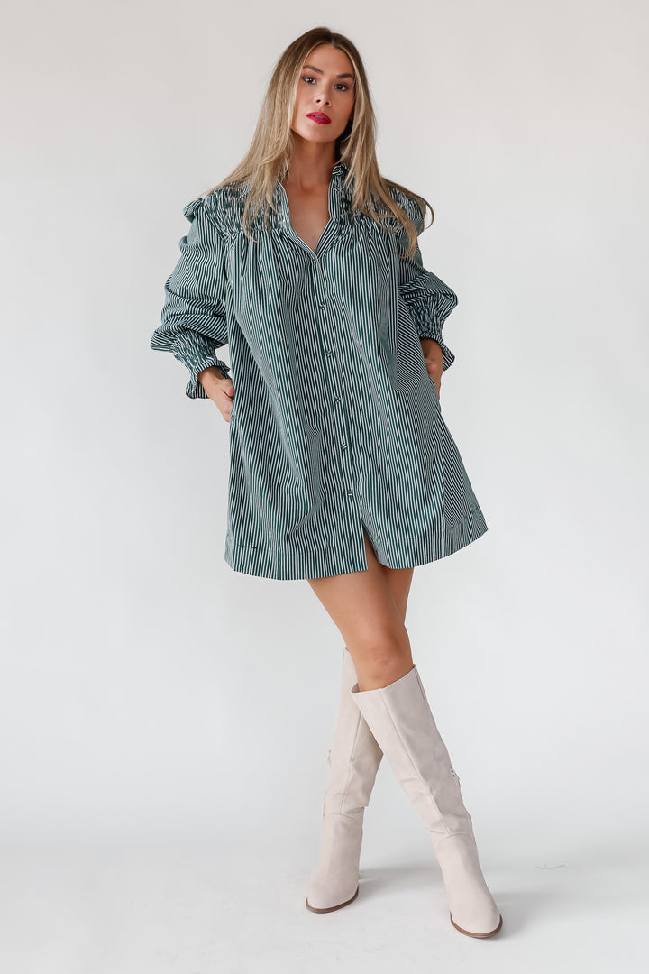 Karlee Green Smocked Stripe Shirt Dress - Final Sale