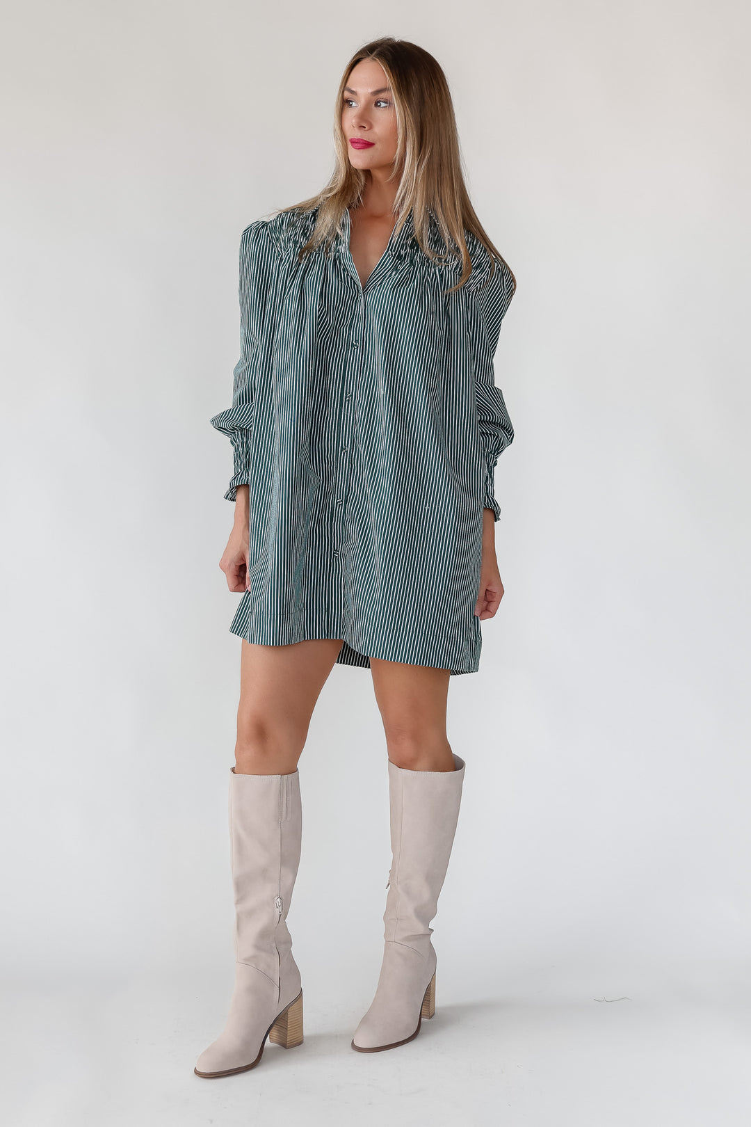 Karlee Green Smocked Stripe Shirt Dress - Final Sale