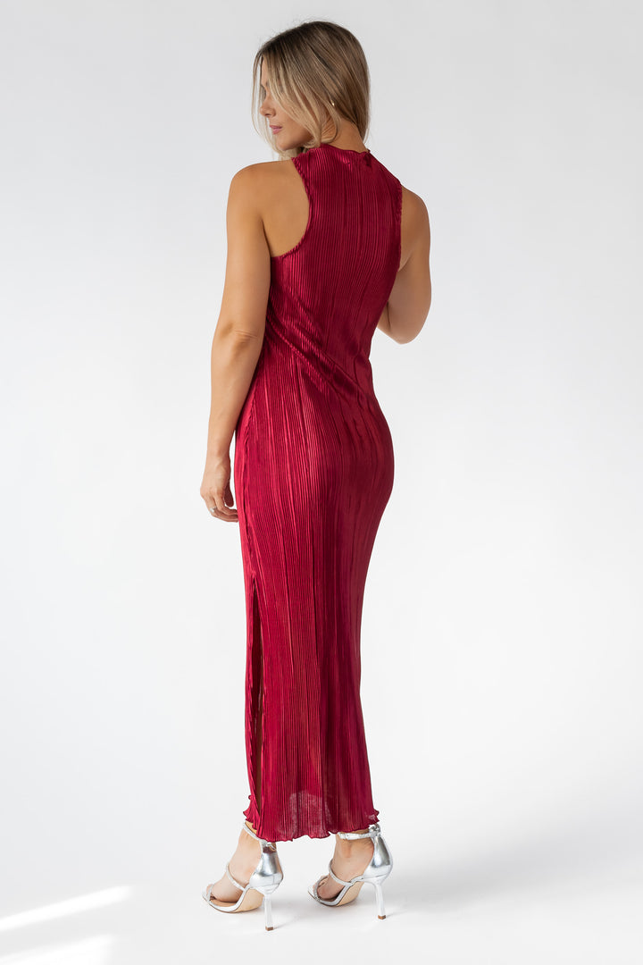 Lys Burgundy Plisse Twist Neck Dress