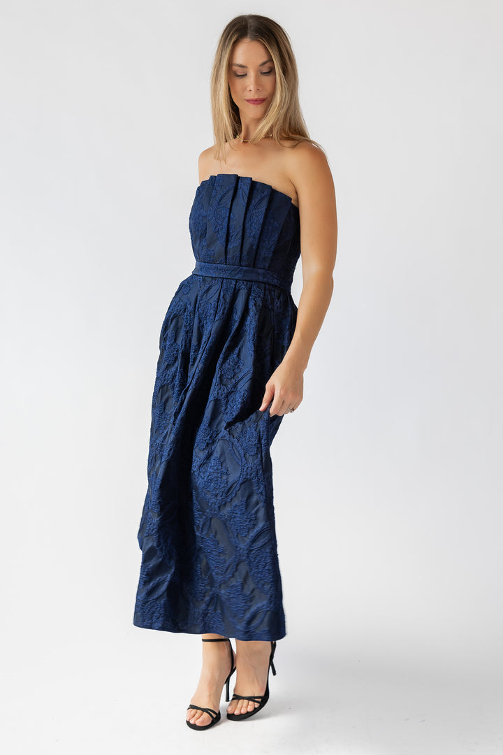 Marren Navy Brocade Midi Dress - Final Sale