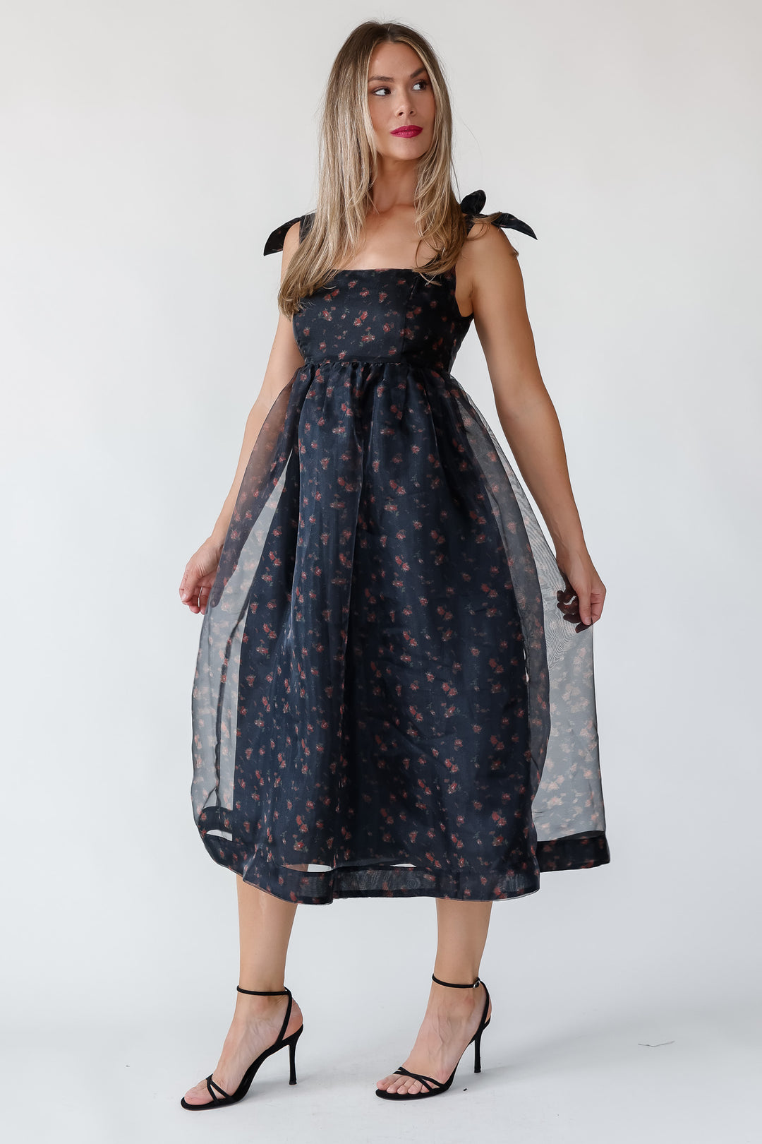 Noella Black Organza Midi Dress