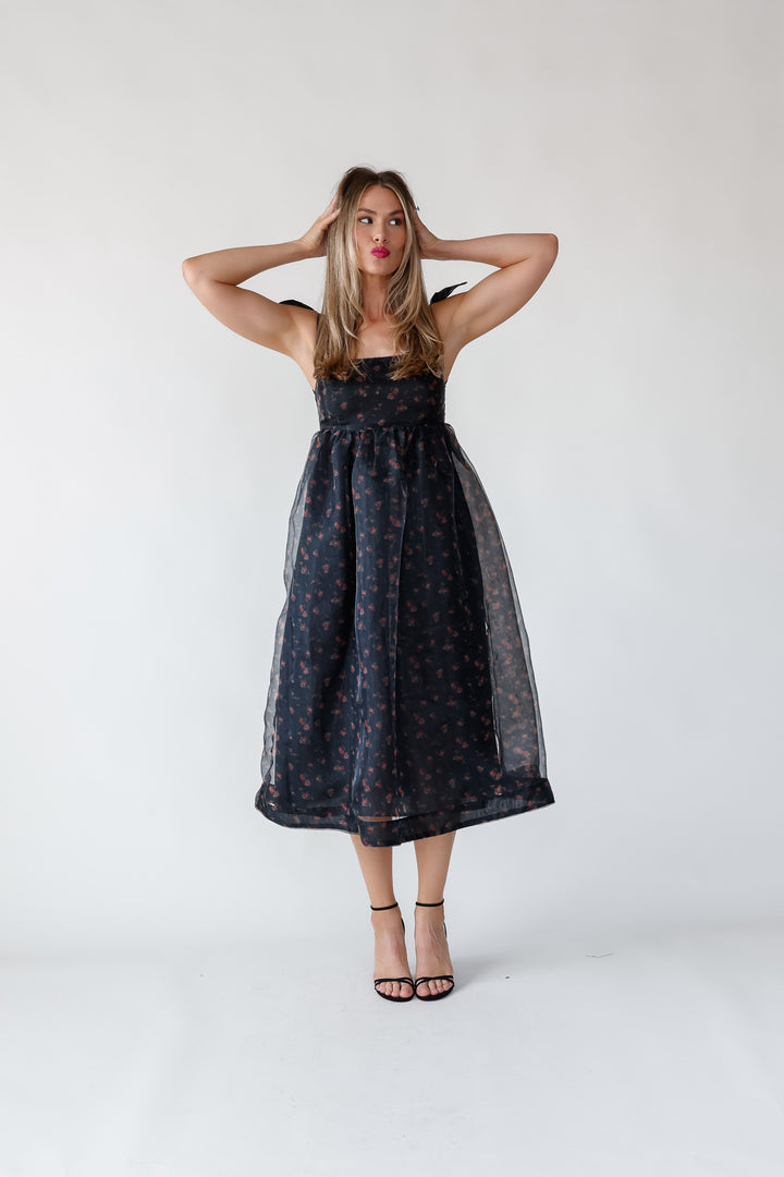 Noella Black Organza Midi Dress