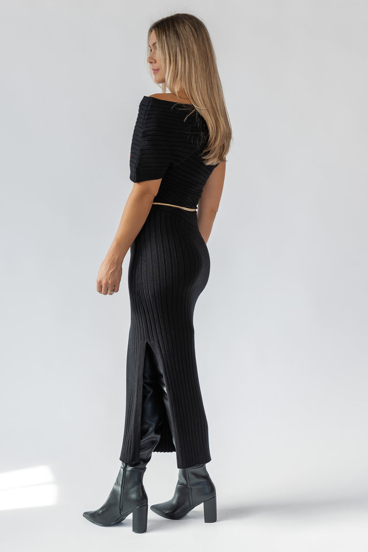 Nori Black Off Shoulder Midi Dress