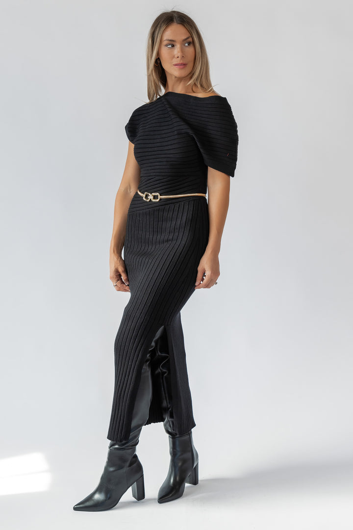 Nori Black Off Shoulder Midi Dress