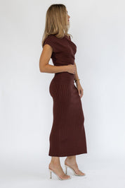 Nori Brown Off Shoulder Midi Dress