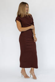 Nori Brown Off Shoulder Midi Dress