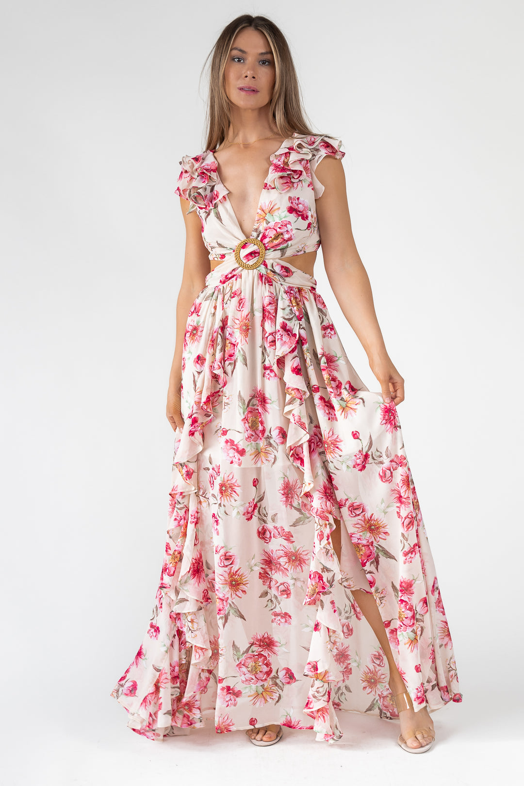 Pink Floral Cutout Frilly Maxi Dress