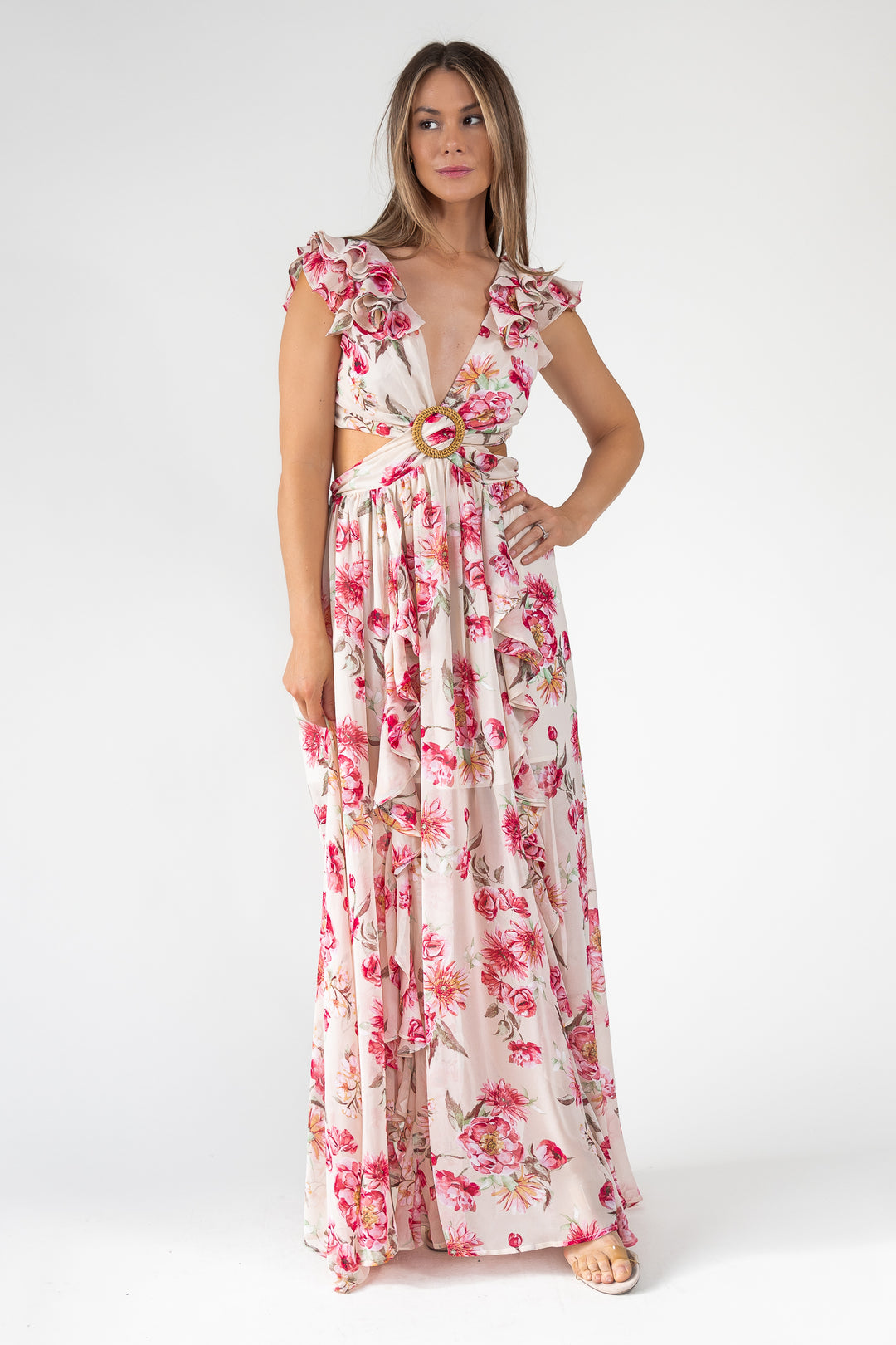 Pink Floral Cutout Frilly Maxi Dress