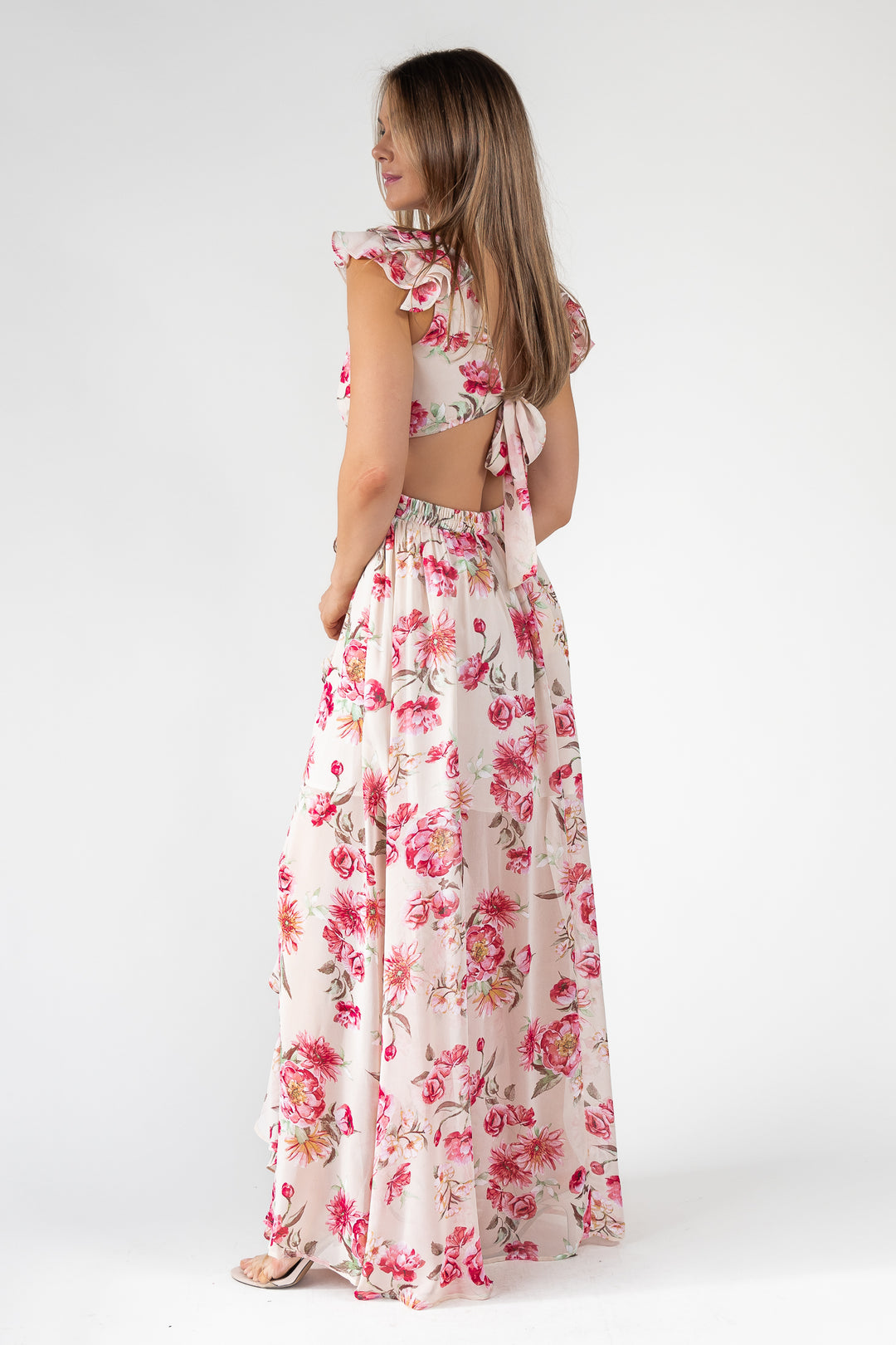 Pink Floral Cutout Frilly Maxi Dress