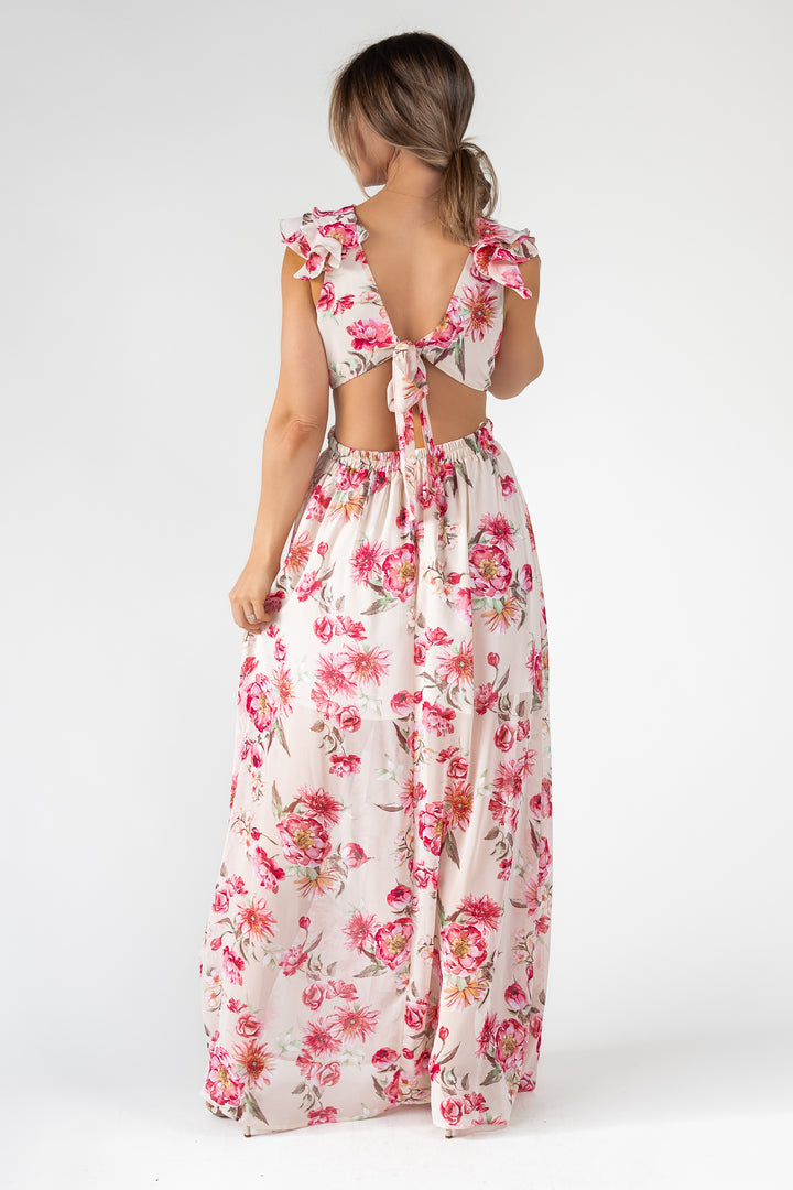 Pink Floral Cutout Frilly Maxi Dress