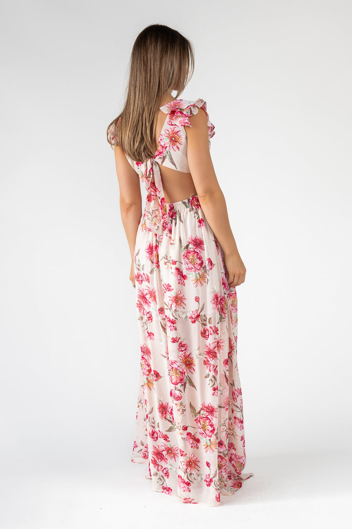 Pink Floral Cutout Frilly Maxi Dress