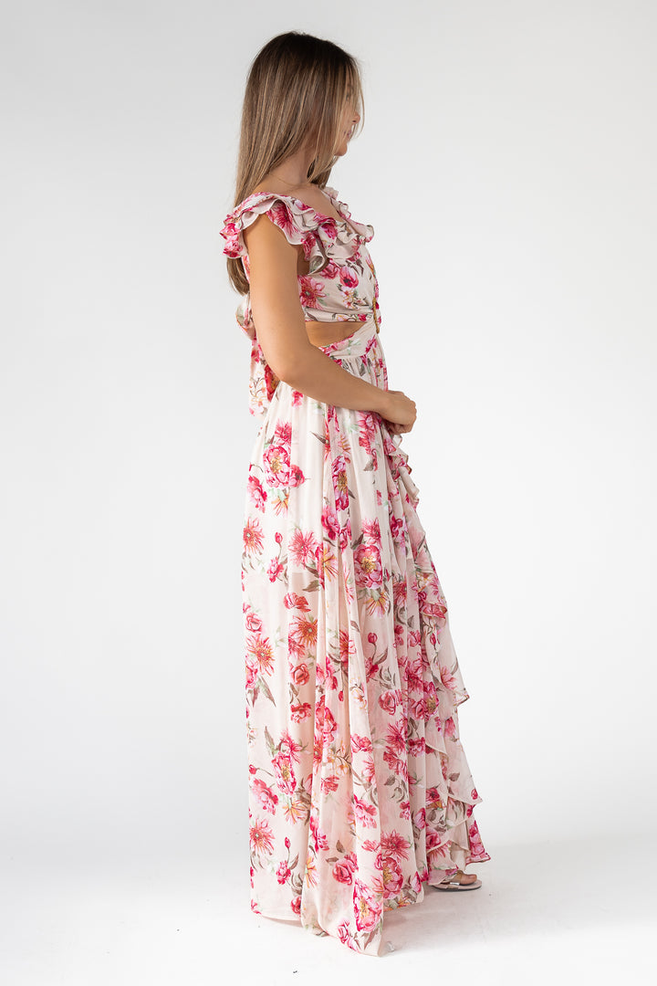 Pink Floral Cutout Frilly Maxi Dress