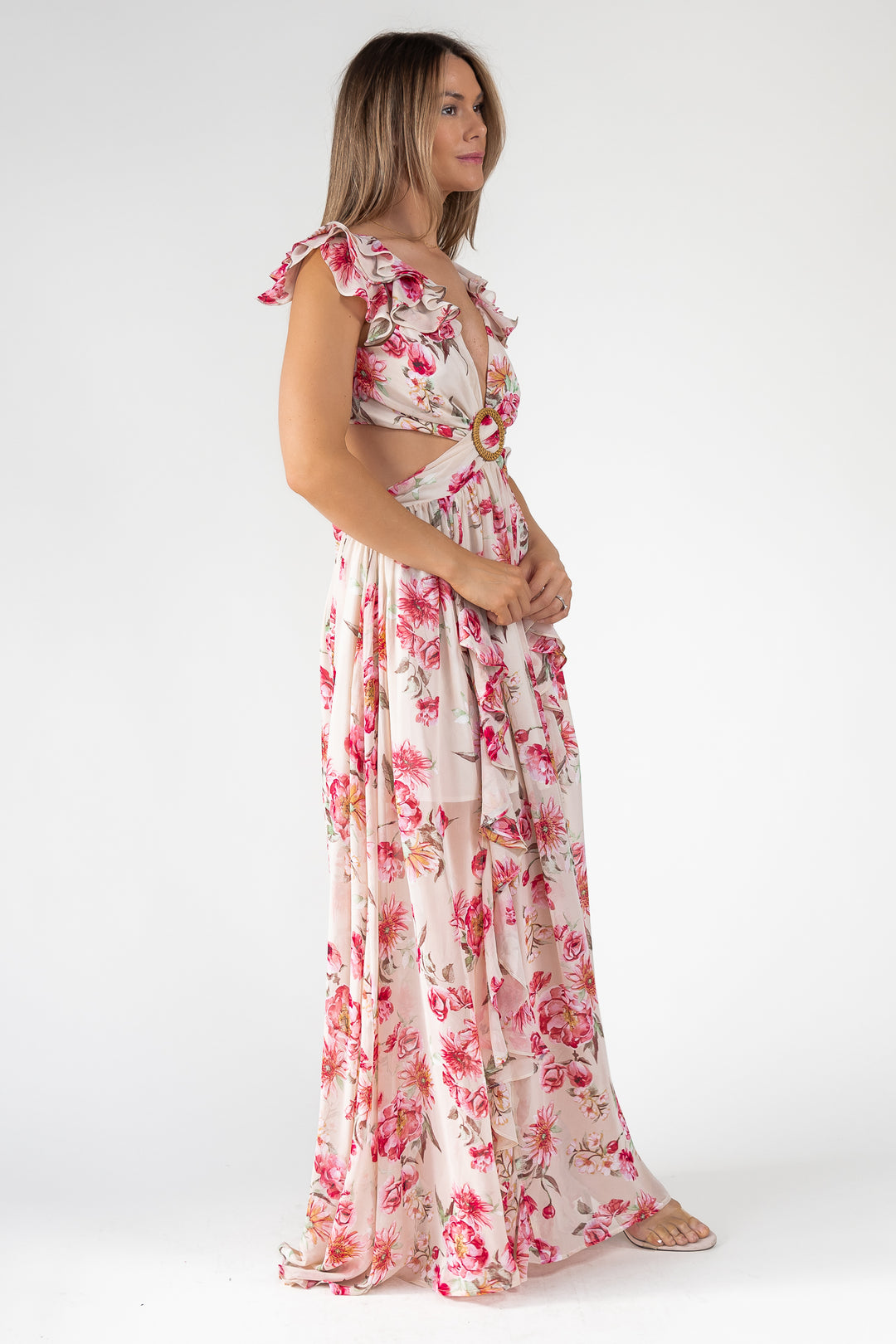 Pink Floral Cutout Frilly Maxi Dress