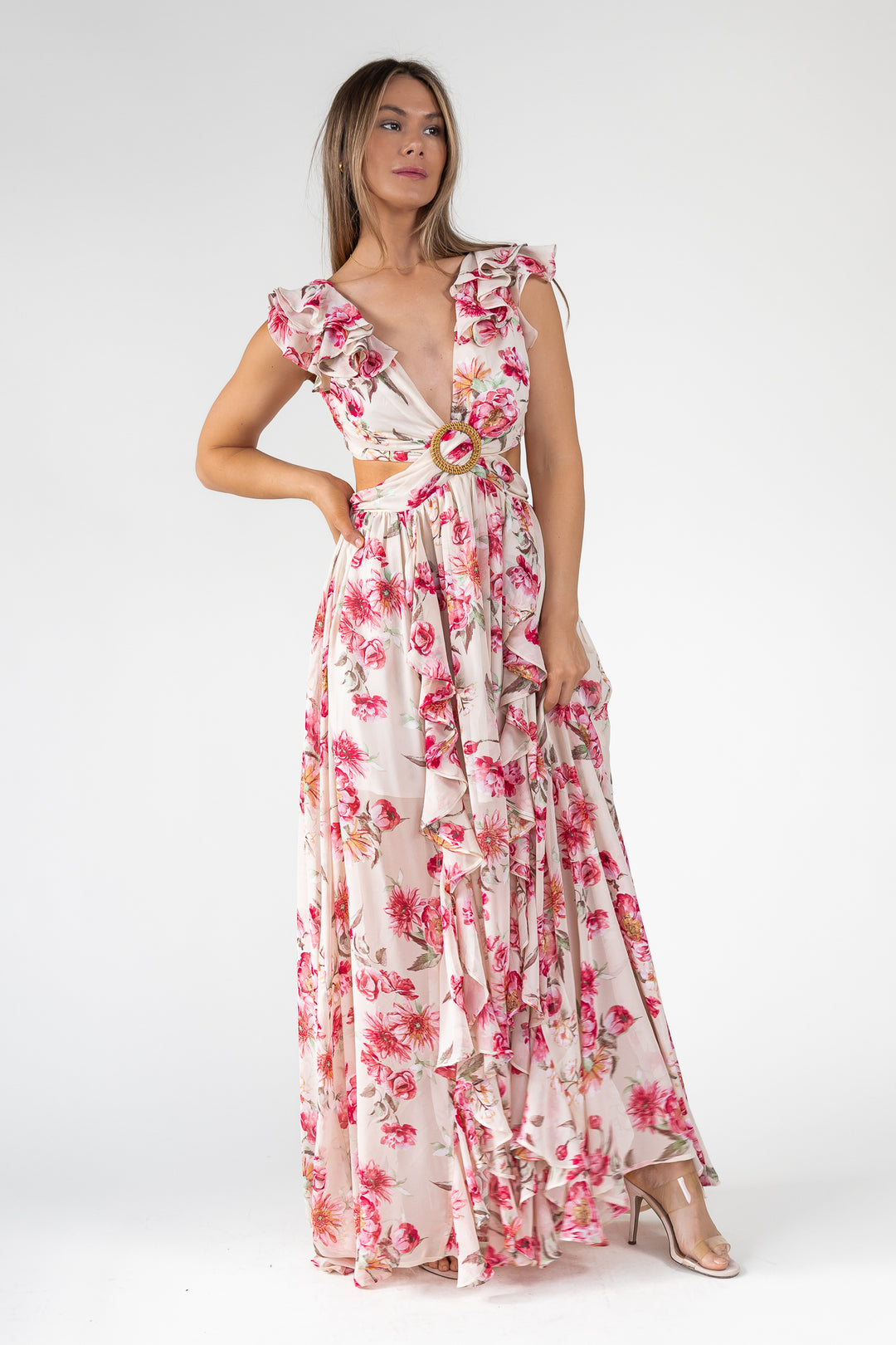 Pink Floral Cutout Frilly Maxi Dress