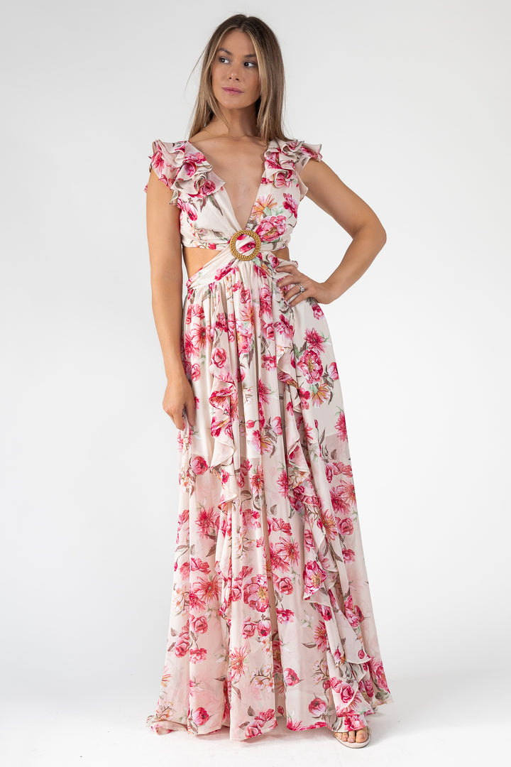 Pink Floral Cutout Frilly Maxi Dress