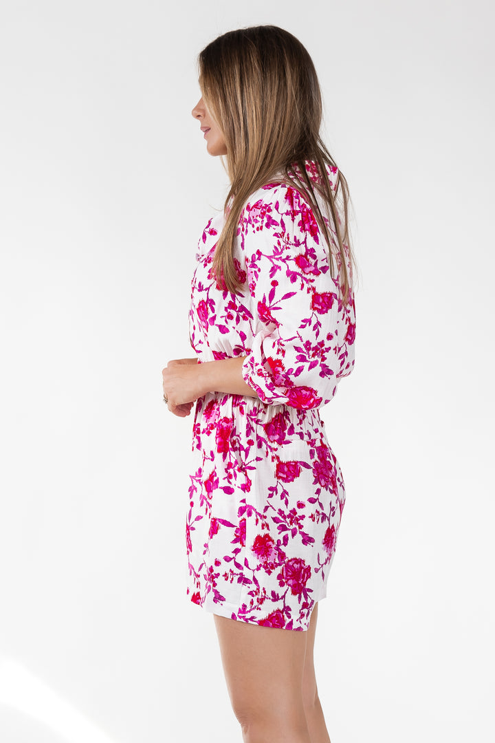 Pink Floral Ikat Romper