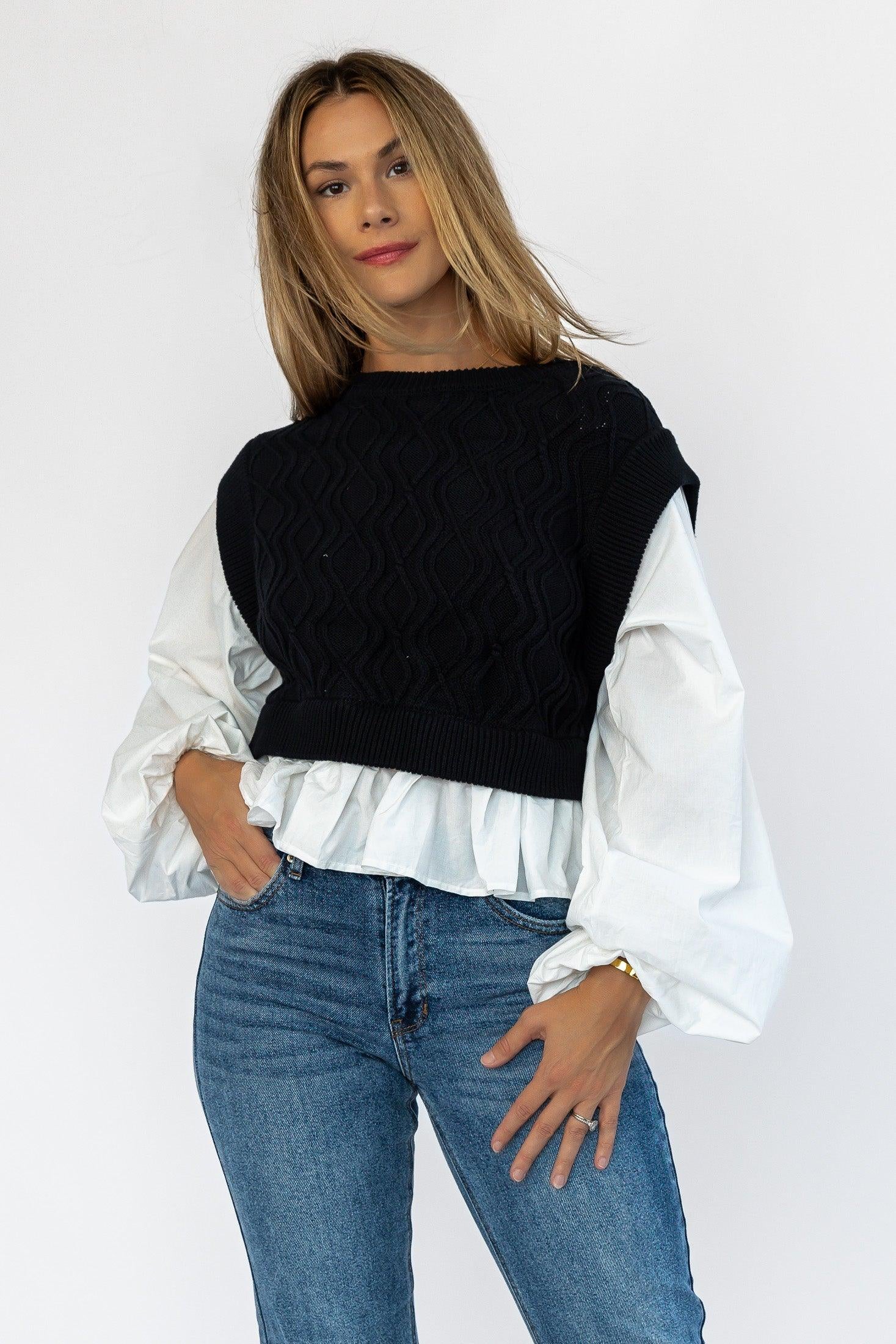 Reeve Black Sweater Poplin Top