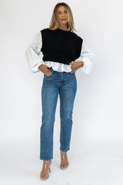 Reeve Black Sweater Poplin Top