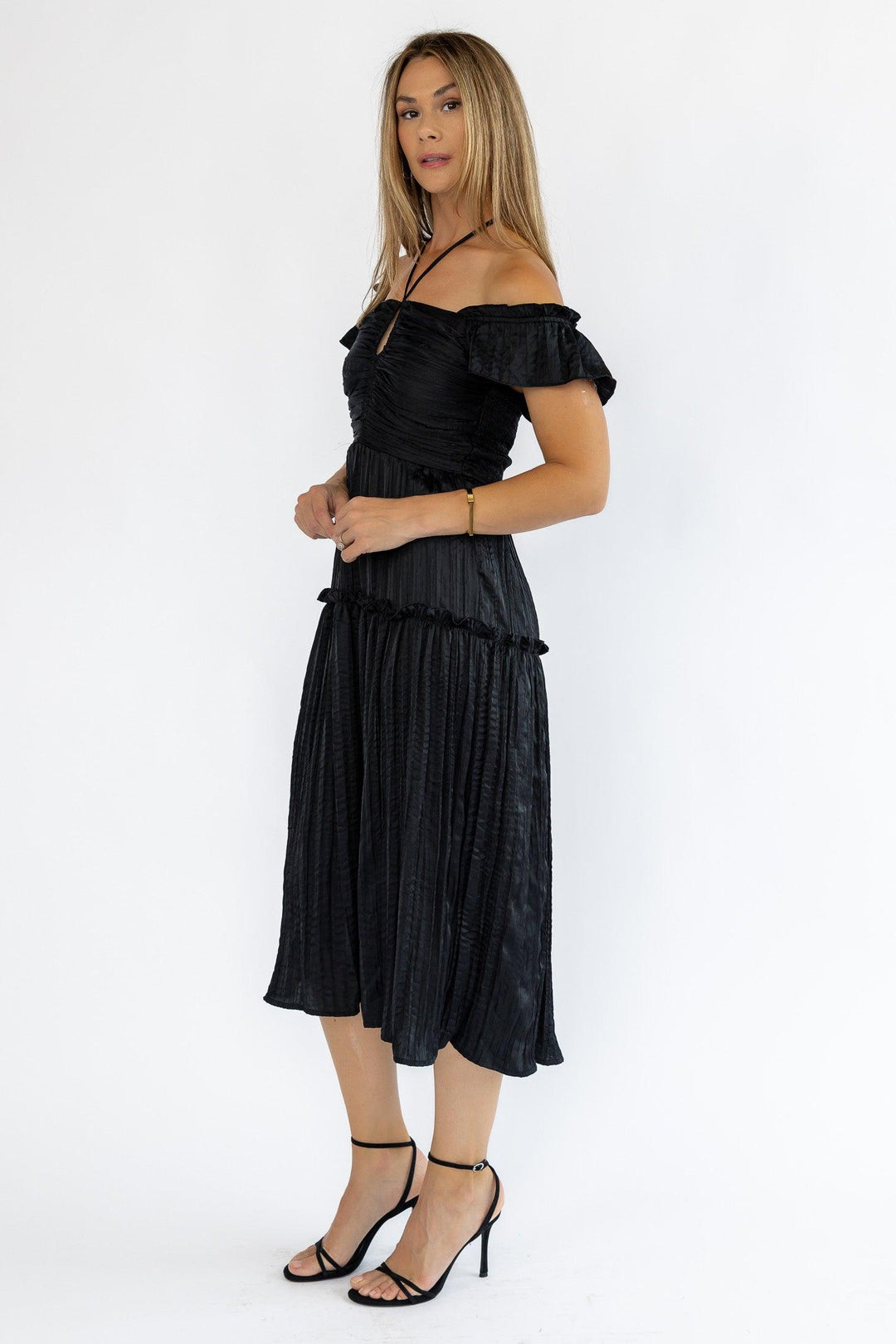 Ruche Me Right Black Midi Dress - Final Sale