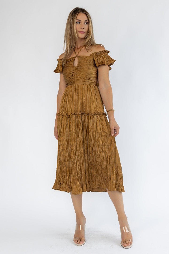 Ruche Me Right Golden Midi Dress - Final Sale