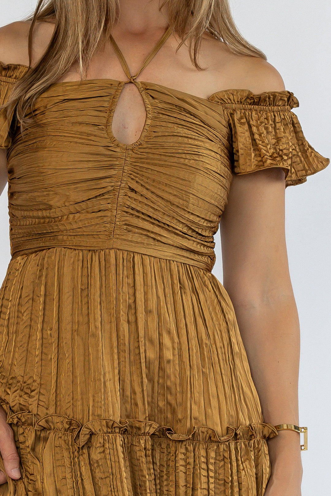 Ruche Me Right Golden Midi Dress - Final Sale