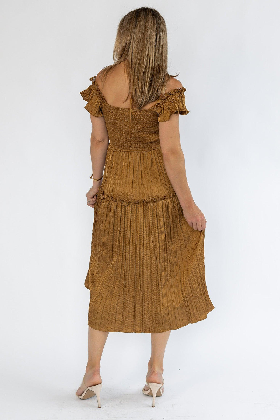 Ruche Me Right Golden Midi Dress - Final Sale