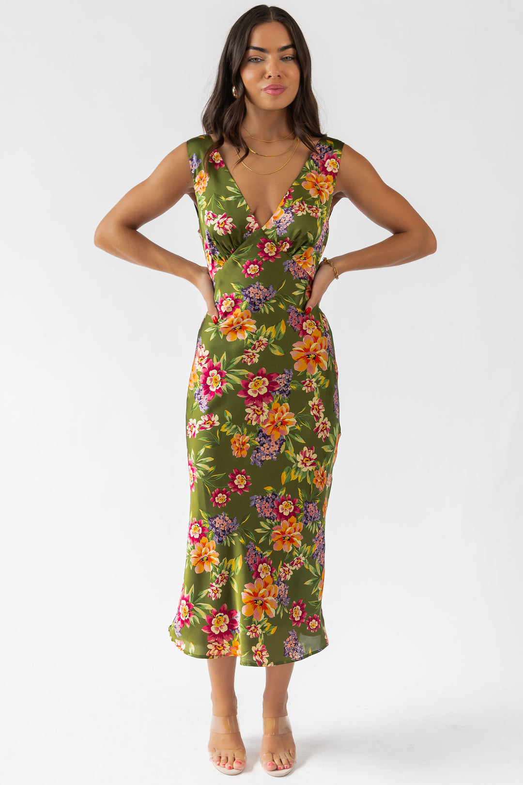 Sage Floral V-Neck Midi Dress