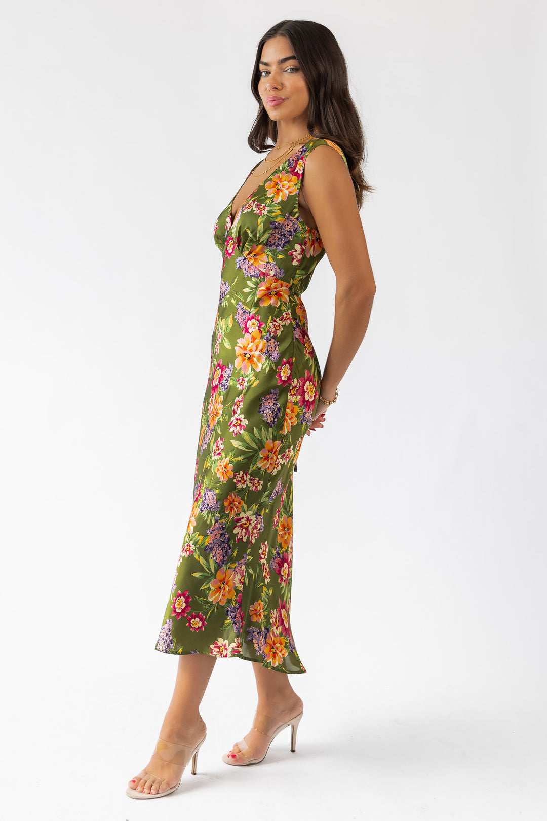 Sage Floral V-Neck Midi Dress