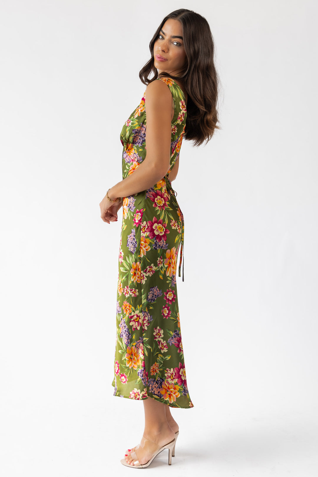 Sage Floral V-Neck Midi Dress