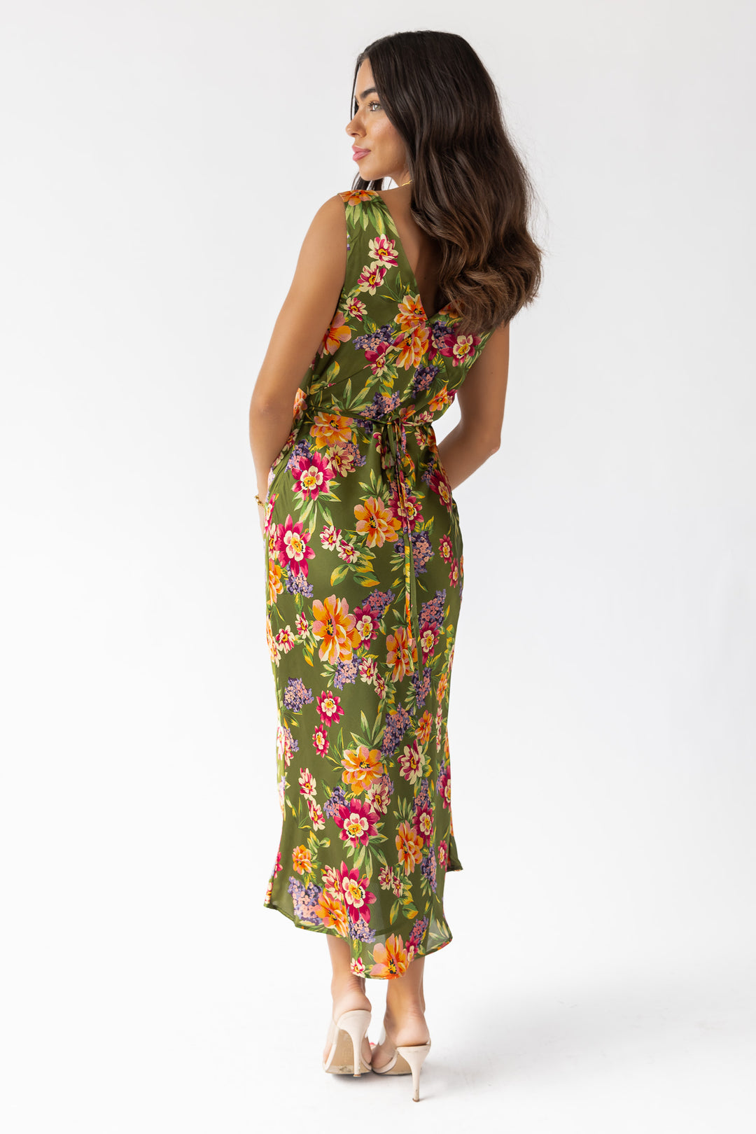 Sage Floral V-Neck Midi Dress