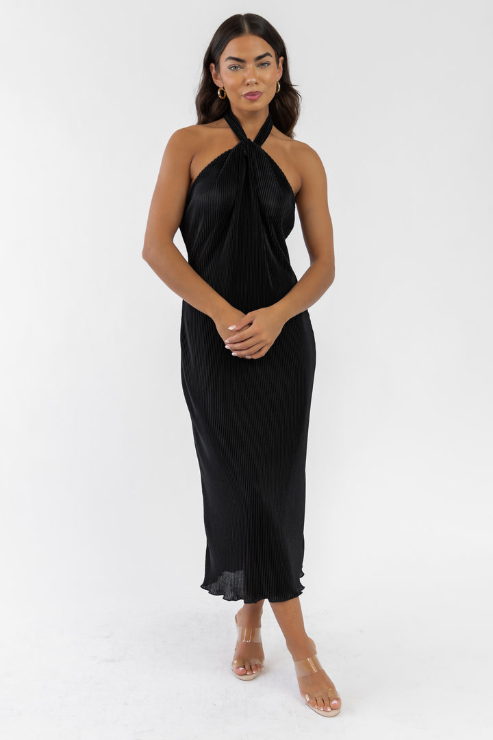 Sunset Secret Black Halter Midi Dress