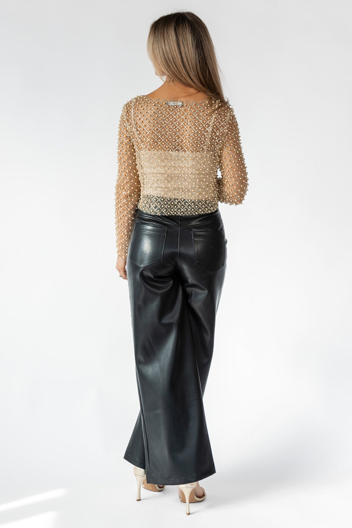 Tory Gold Pearl Embellished Mesh Top