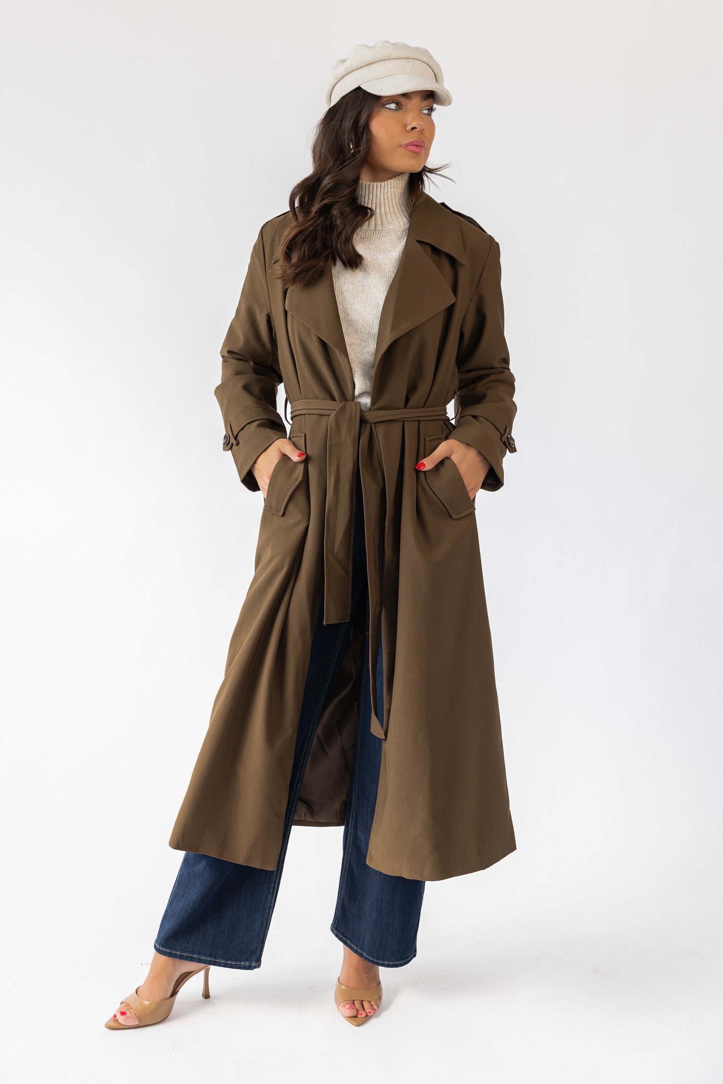 Wynn Khaki Belted Long Coat