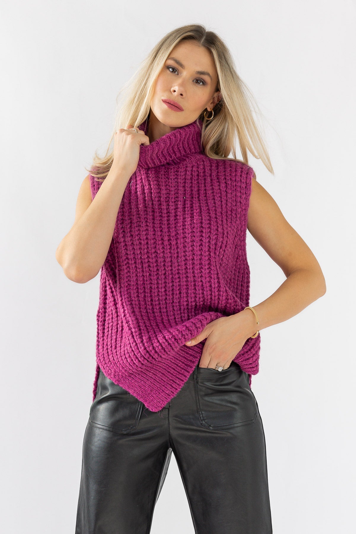 Magenta Textured Turtleneck Tunic Top