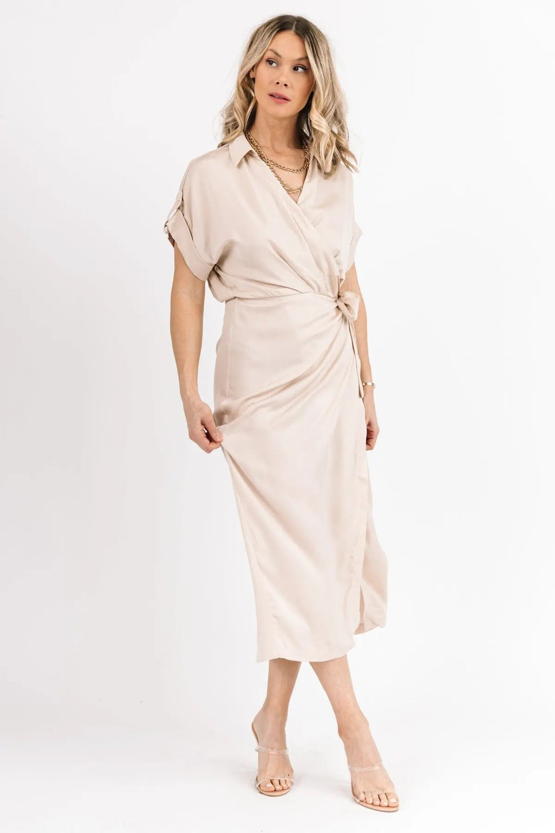 Chic Affair Ecru Satin Midi Dress - JO+CO