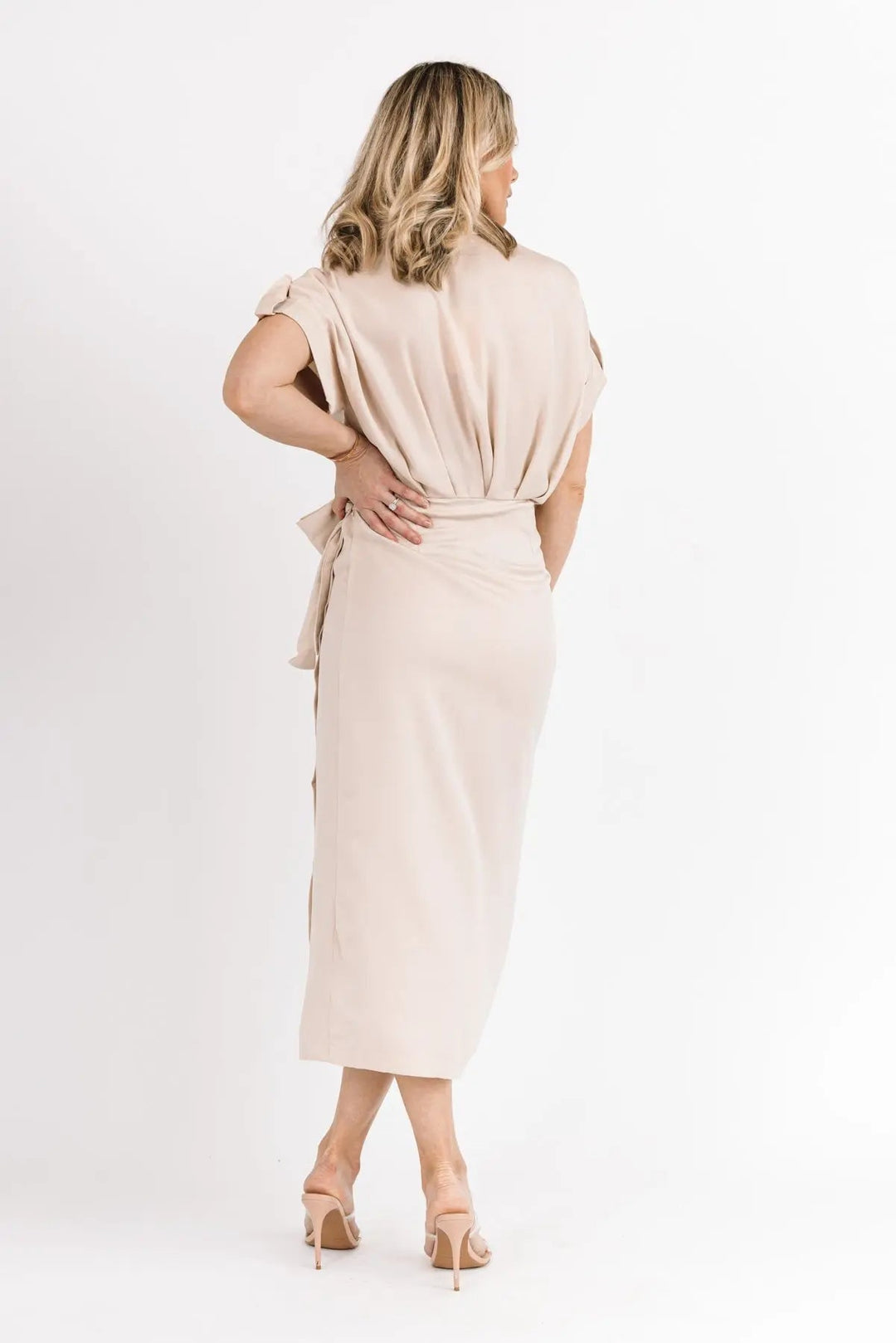 Chic Affair Ecru Satin Midi Dress - JO+CO