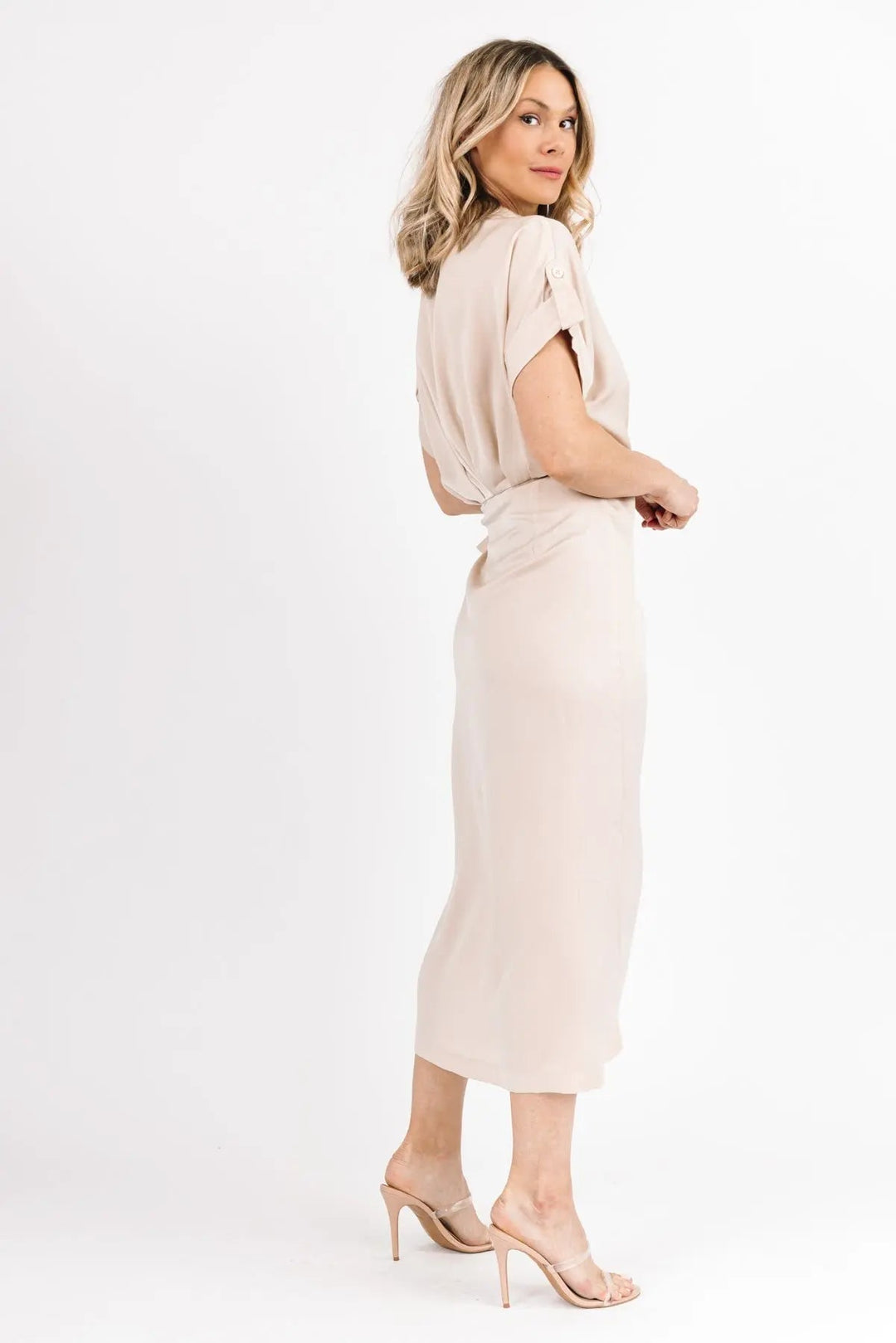 Chic Affair Ecru Satin Midi Dress - JO+CO