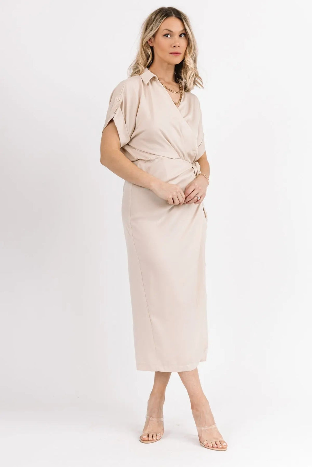 Chic Affair Ecru Satin Midi Dress - JO+CO