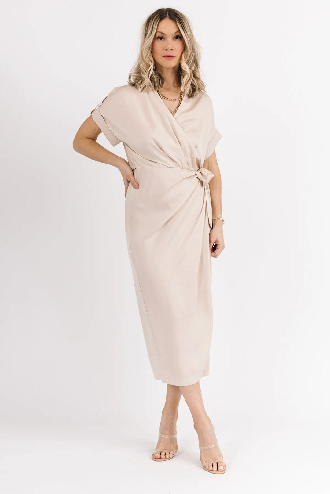 Chic Affair Ecru Satin Midi Dress - JO+CO