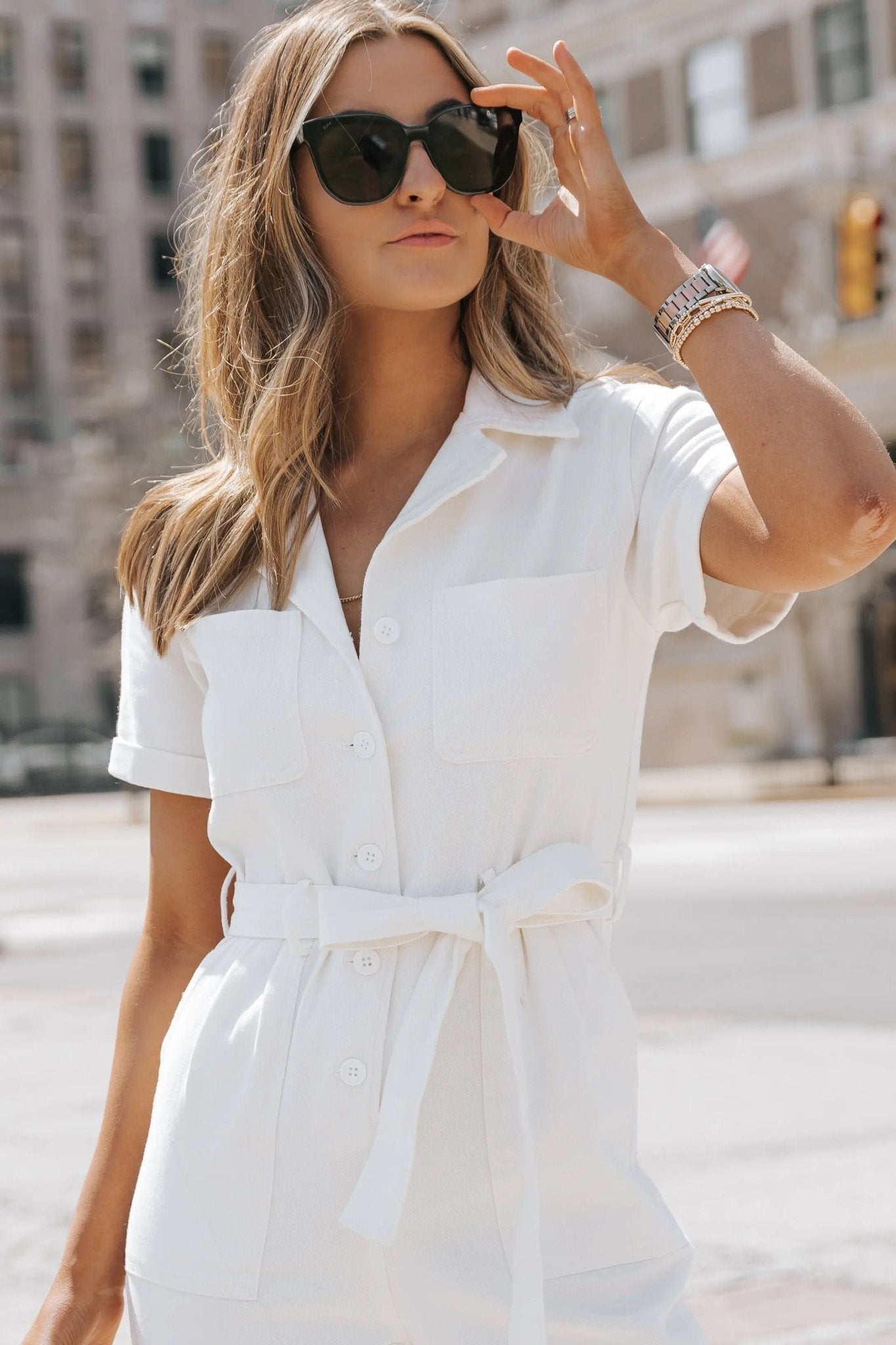 White button clearance down jumpsuit