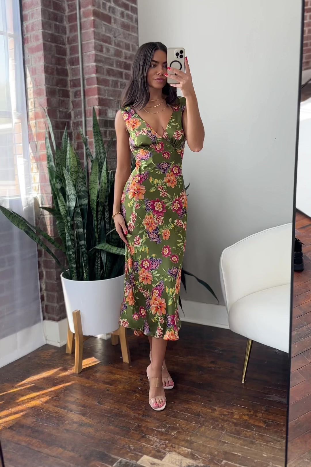 Sage Floral V-Neck Midi Dress